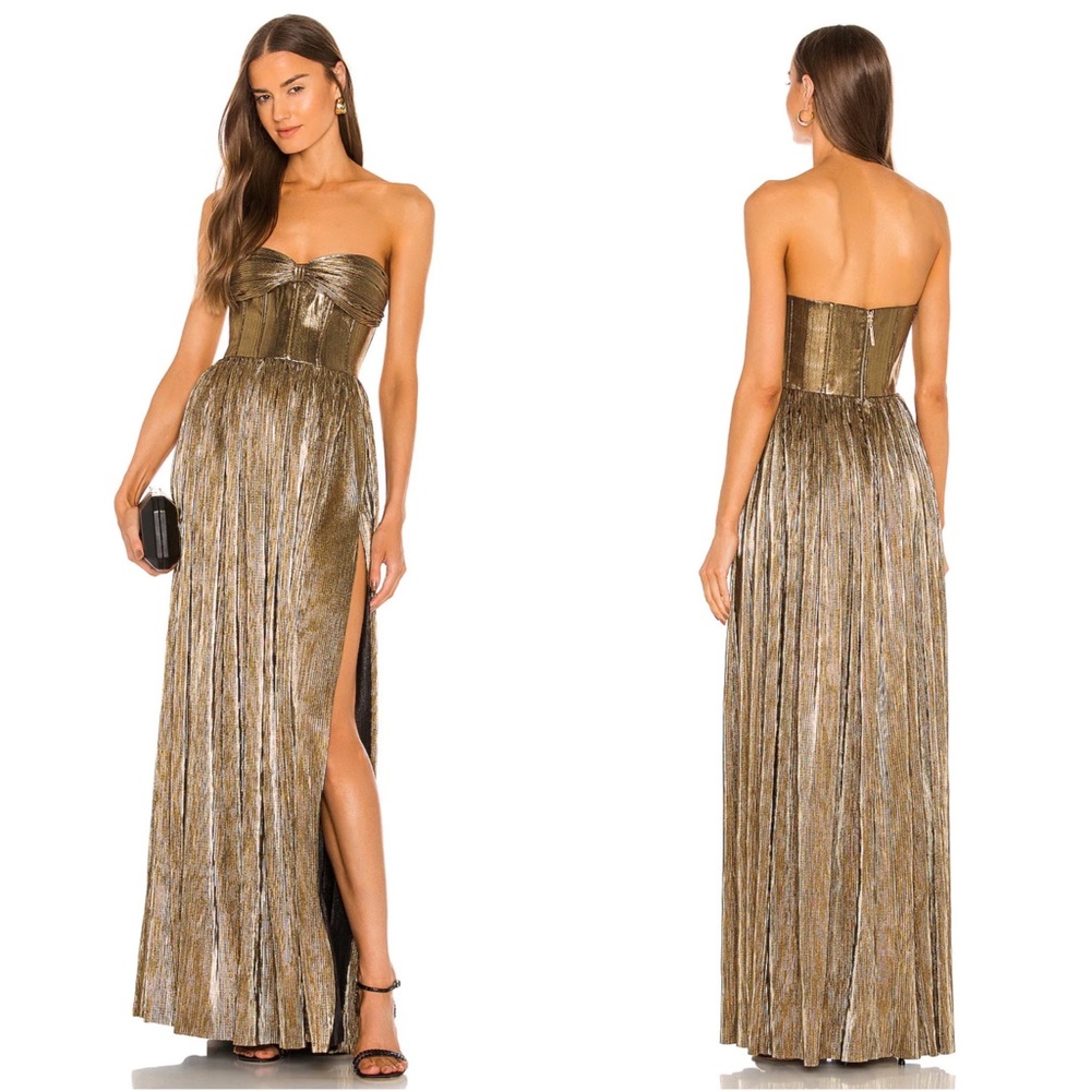 Bronx and Banco Florence Metallic Gold Pleated Strapless Gown Size Small